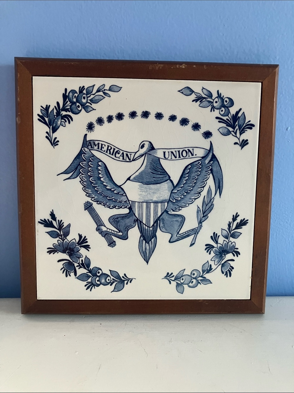 Vintage Royal Goedewaagen Blue and White American Union Tile in Wooden Frame